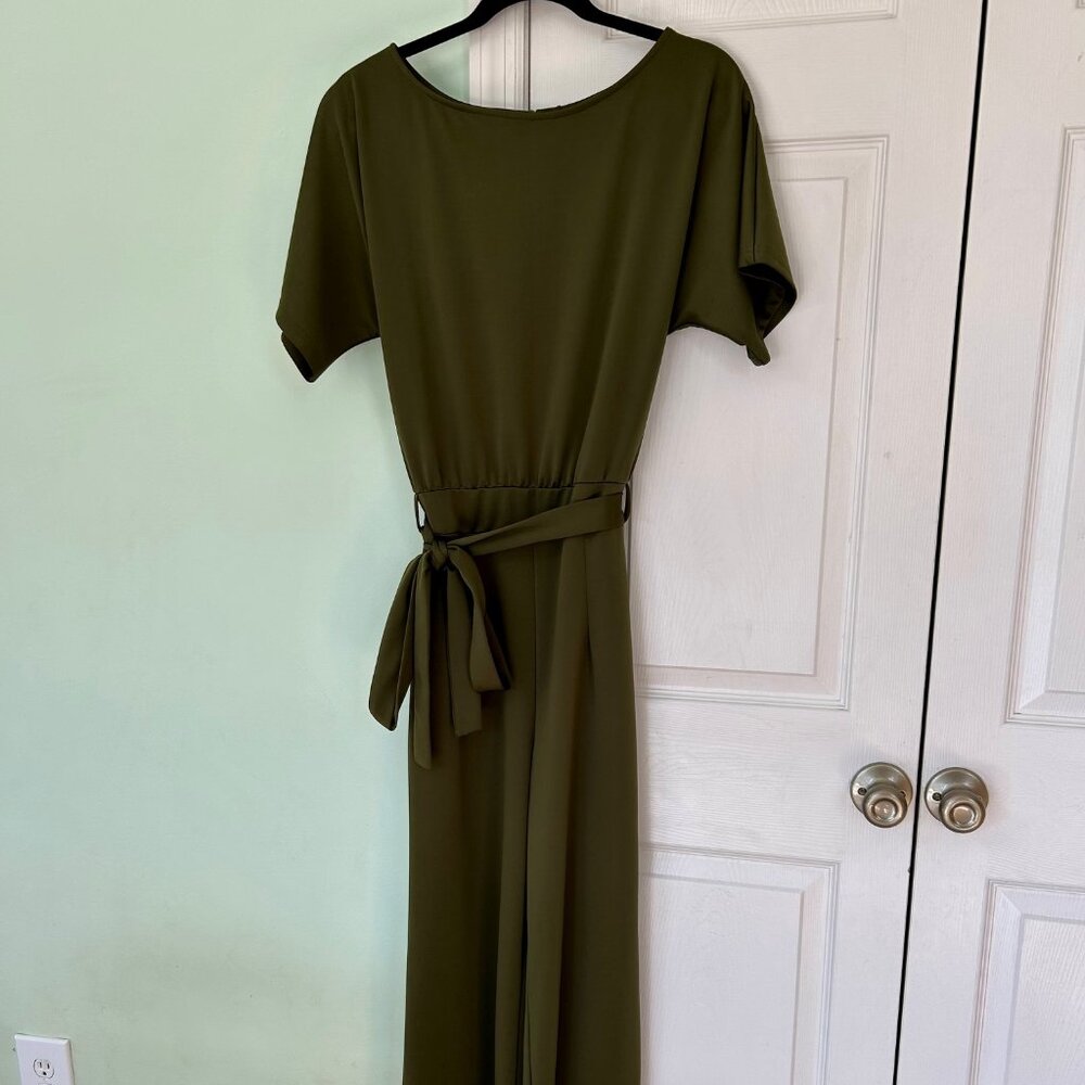 Olive Green Wide Leg Jumpsuit | Tie Waist | Short Sleeve | Size Medium